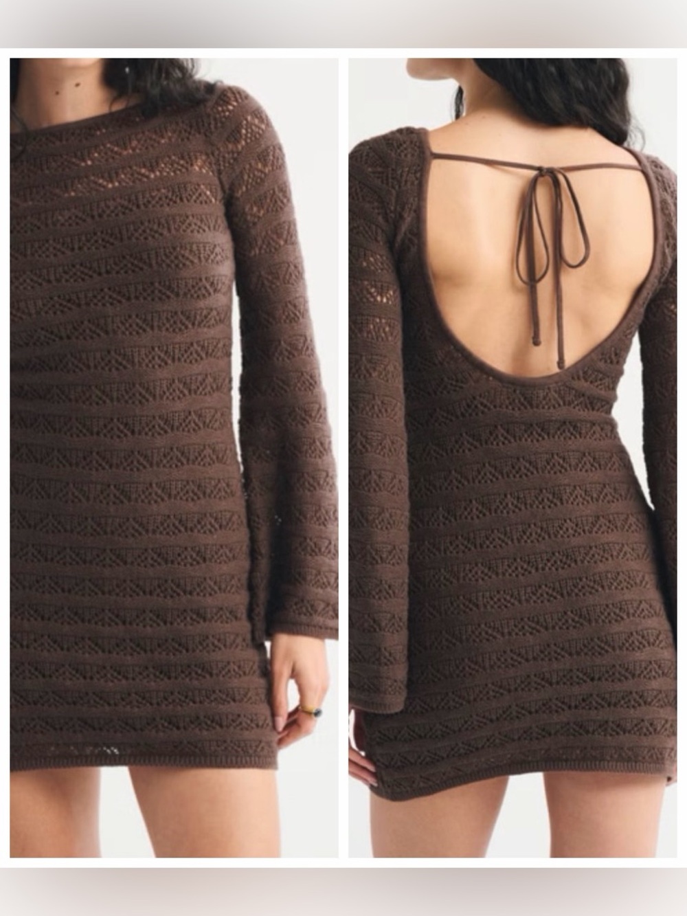 NWT Abercrombie & Fitch Crochet Lace Knit Long-Sleeve Midi Dress Cream Sz LT - Picture 4 of 11